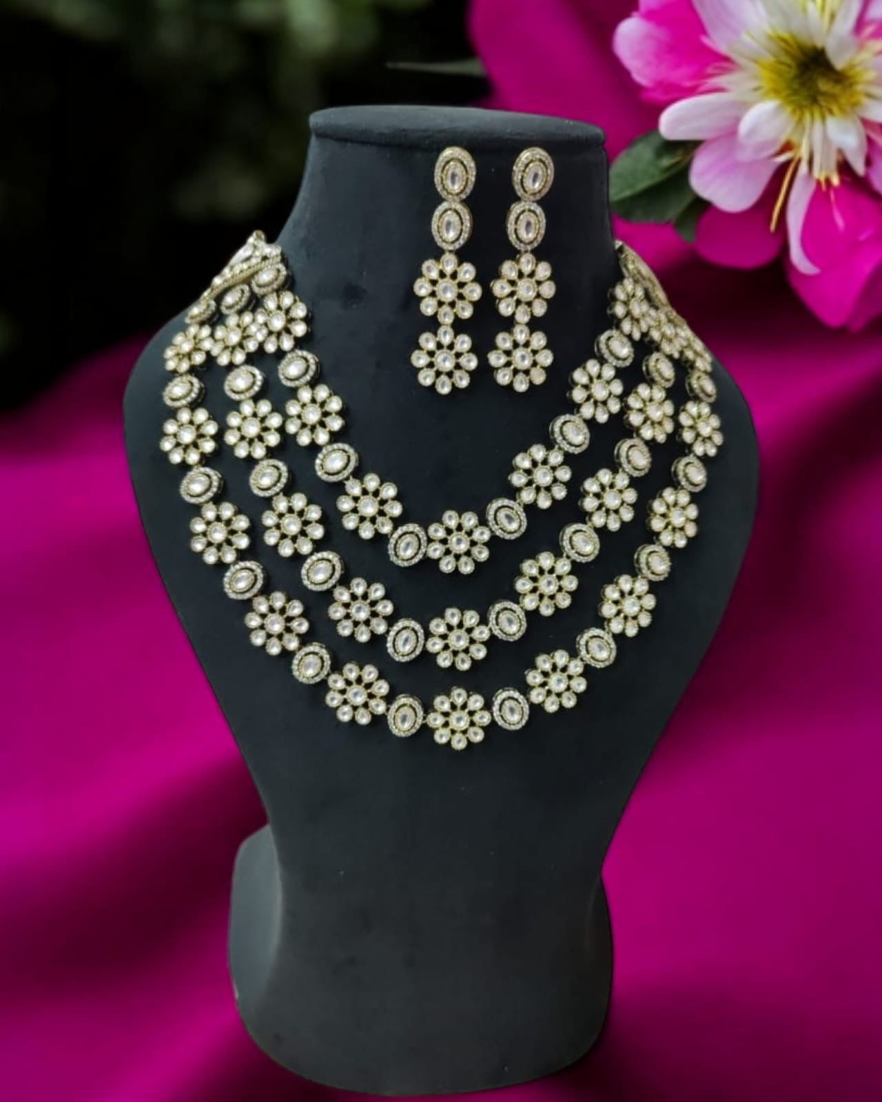 3 Layered Floral Polki Necklace Set