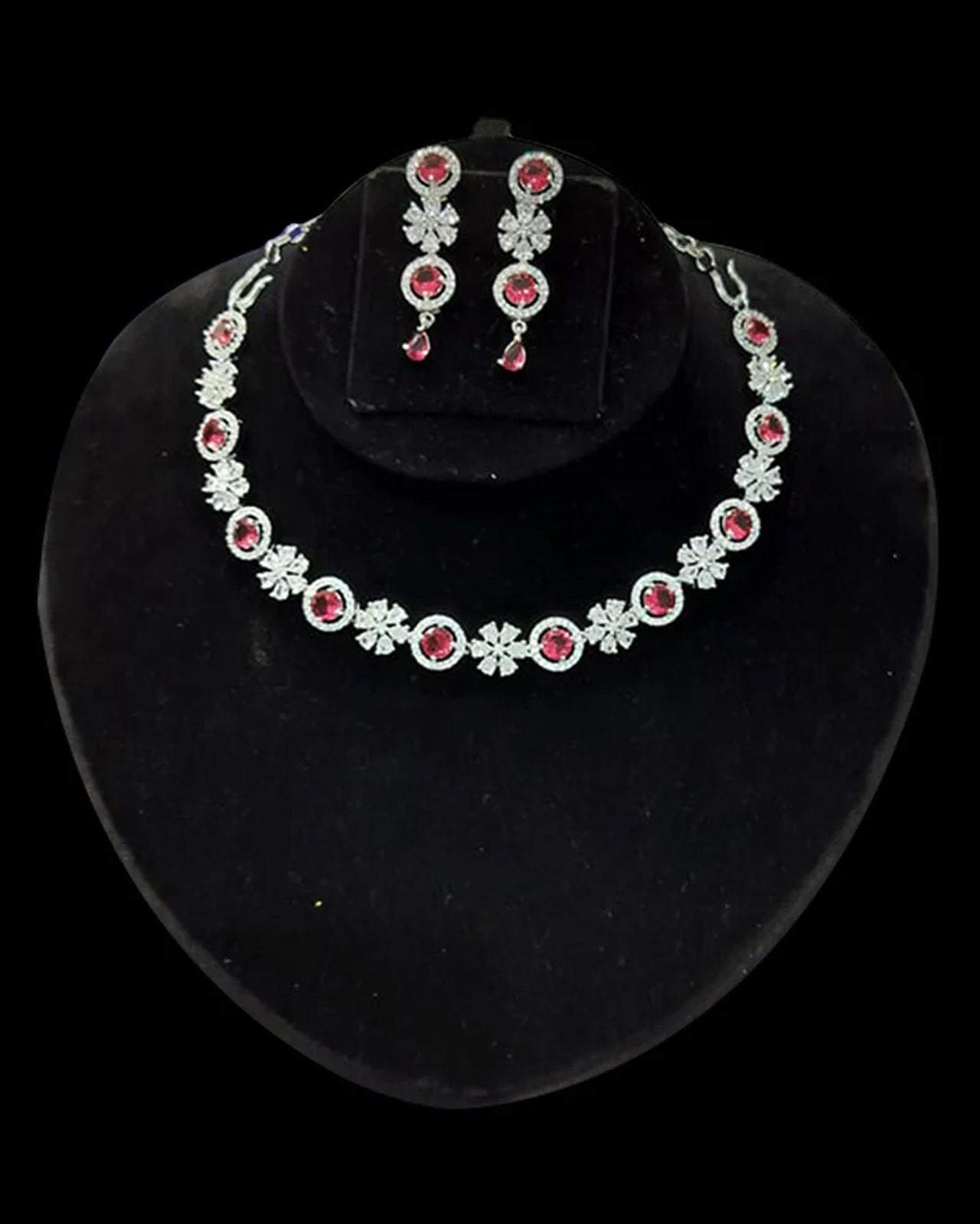 Silver Plated Red Stone And Diamond Necklace Set