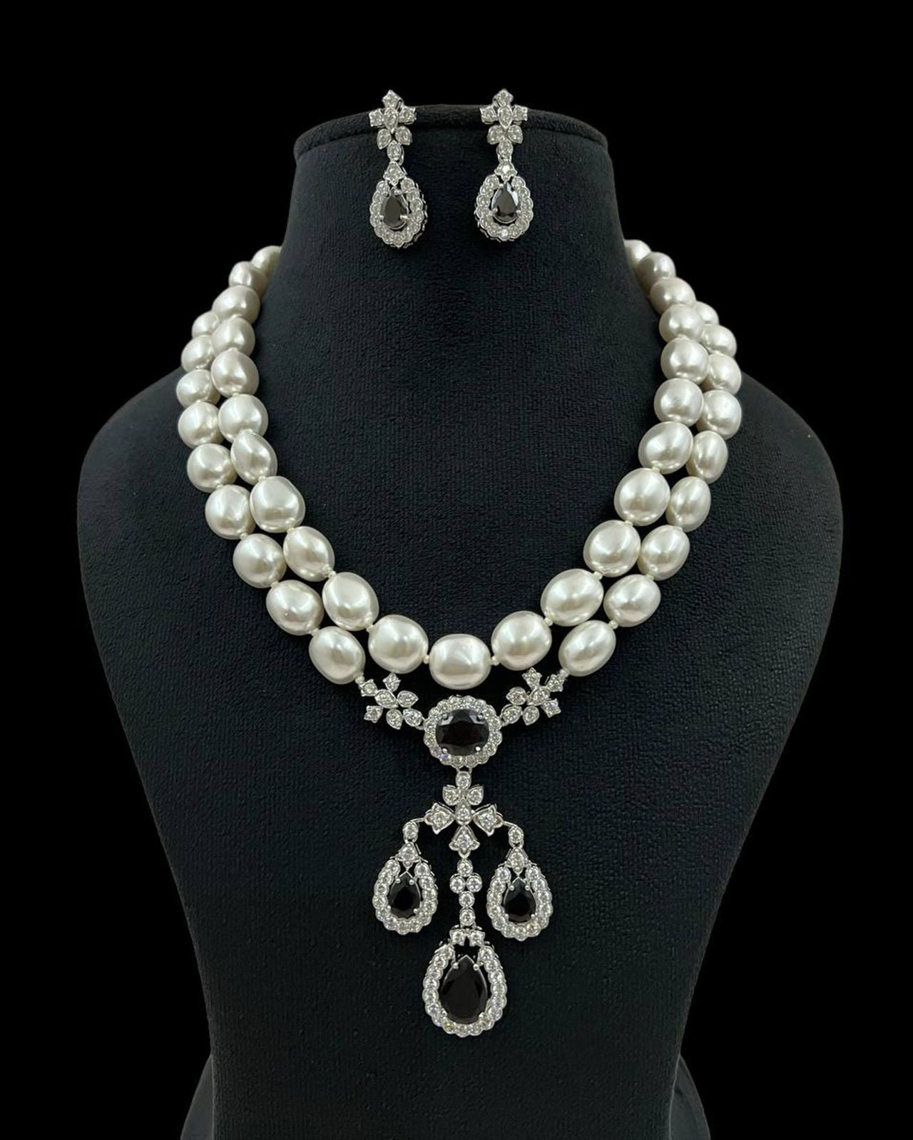 Pearl and Diamond Necklace and Earrings Set