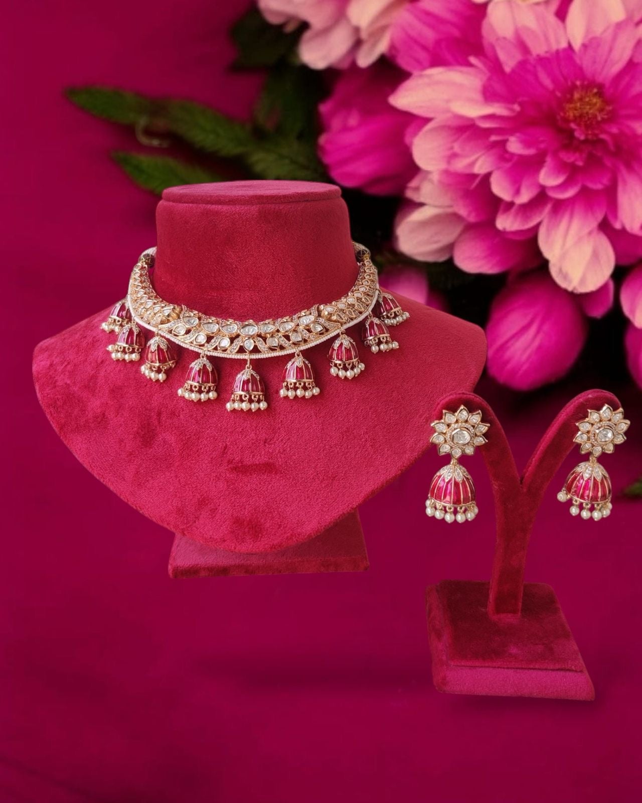 Pink Jhumka Necklace Set