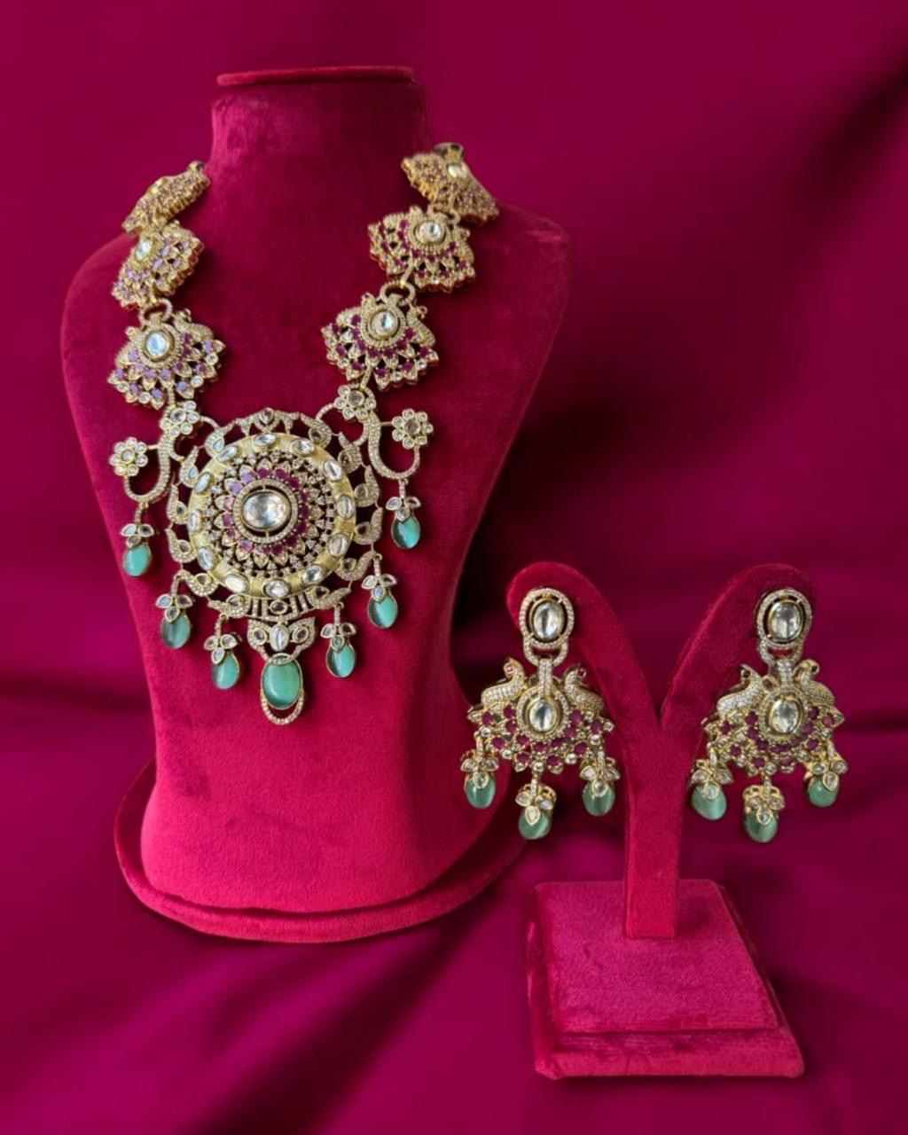 Kundan Long Necklace Set in Mint Drop