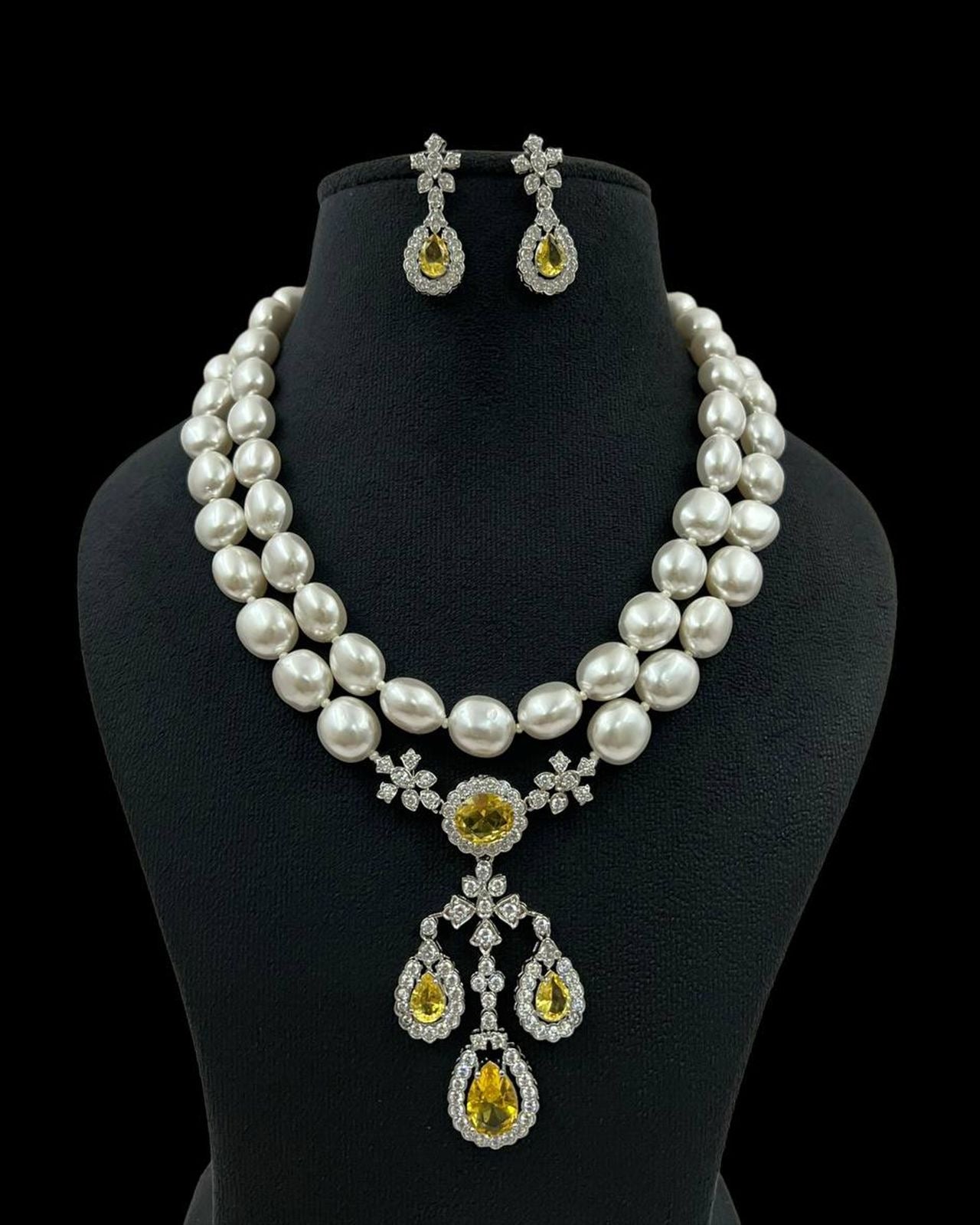 Pearl and Diamond Necklace and Earrings Set