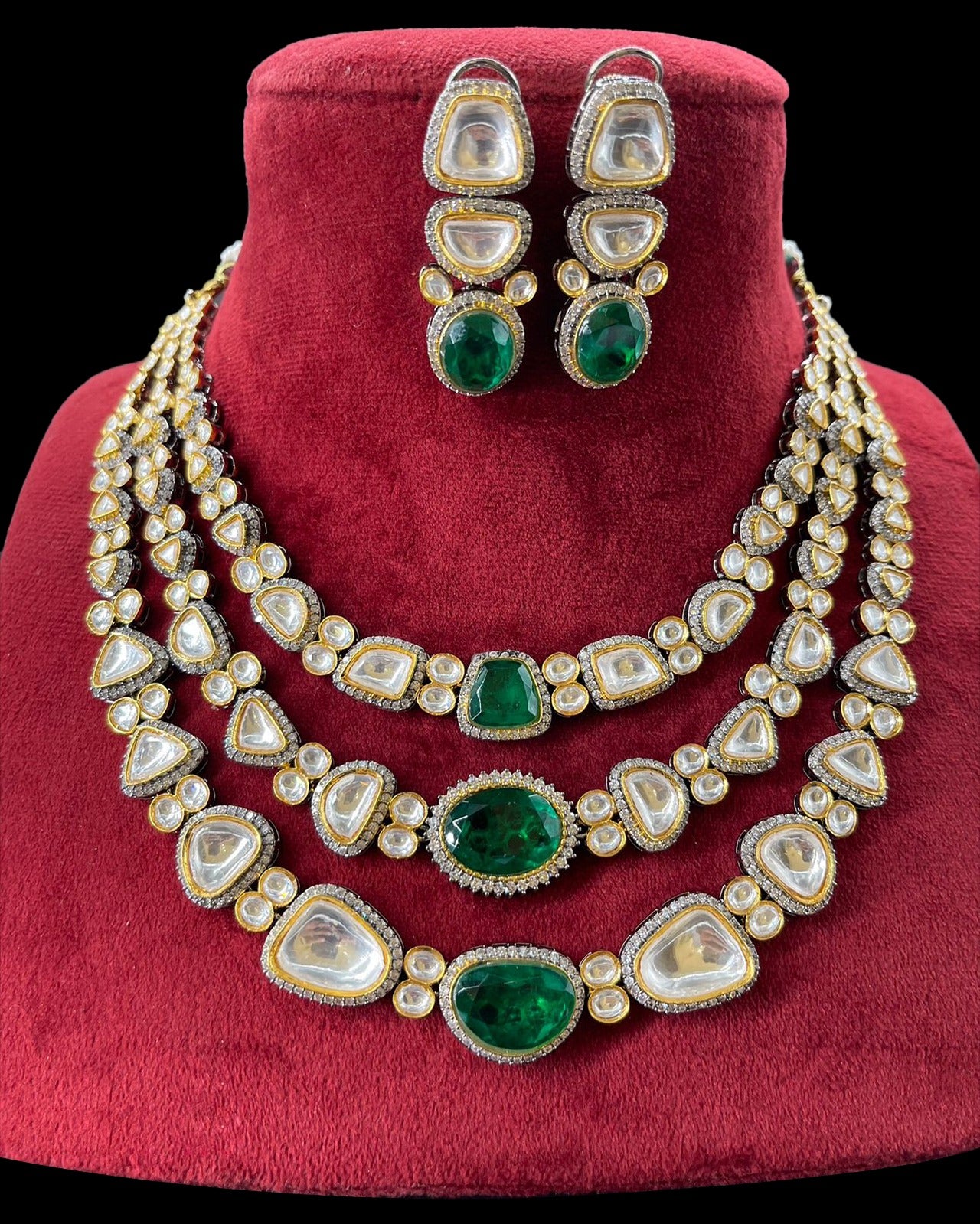 Premium 3 Layered Uncut Polki Necklace Set