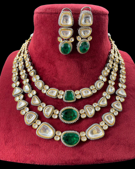 Premium 3 Layered Uncut Polki Necklace Set