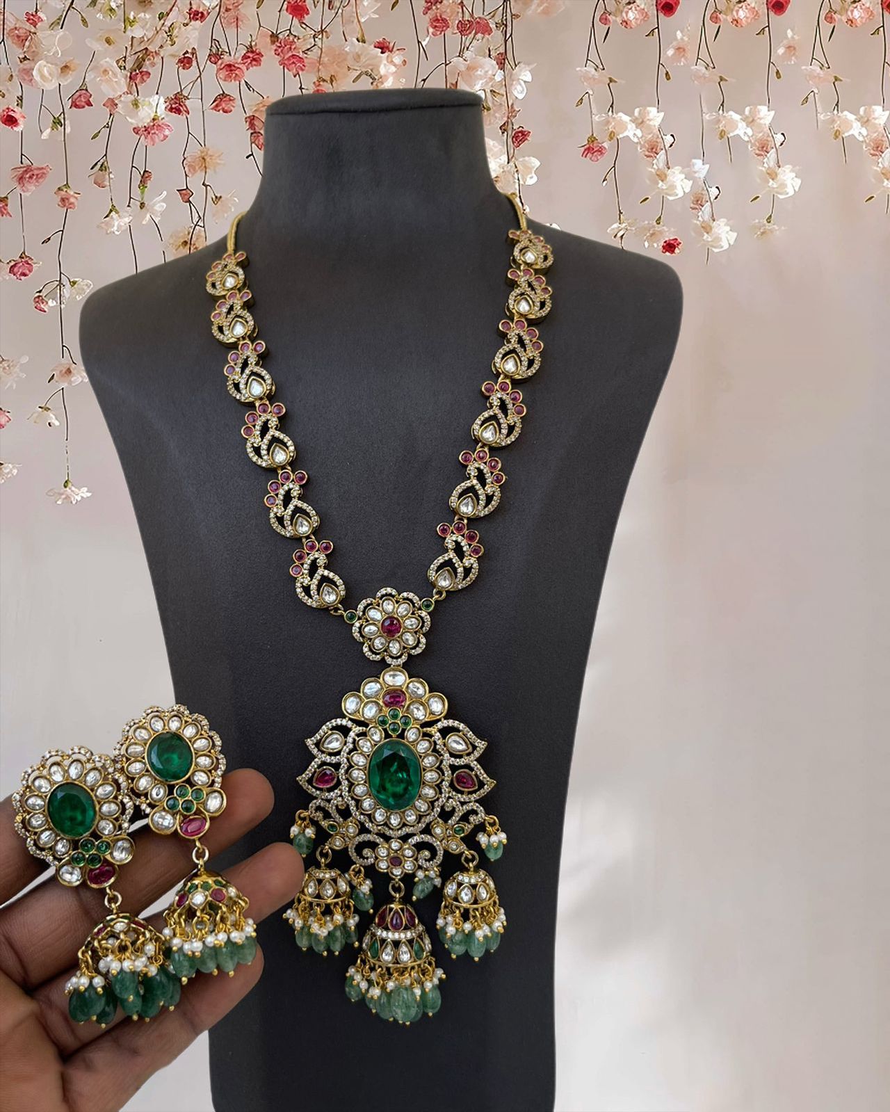 Long Floral Kundan Necklace Set